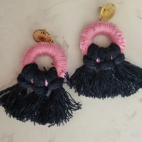 Handmade tassel hoops earrings macrame stainless steel new - Picture 2 of 9